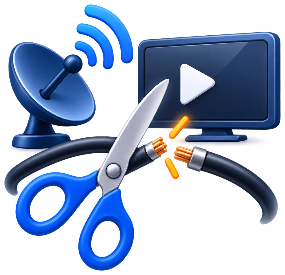 Scissors cutting a satellite cable, representing cord-cutters leaving cable behind