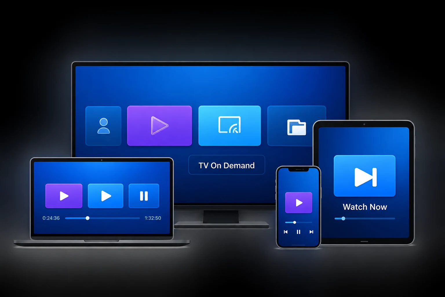 Laptop, smart TV, phone and tablet all playing the same IPTV streaming interface, showing content continuing across devices