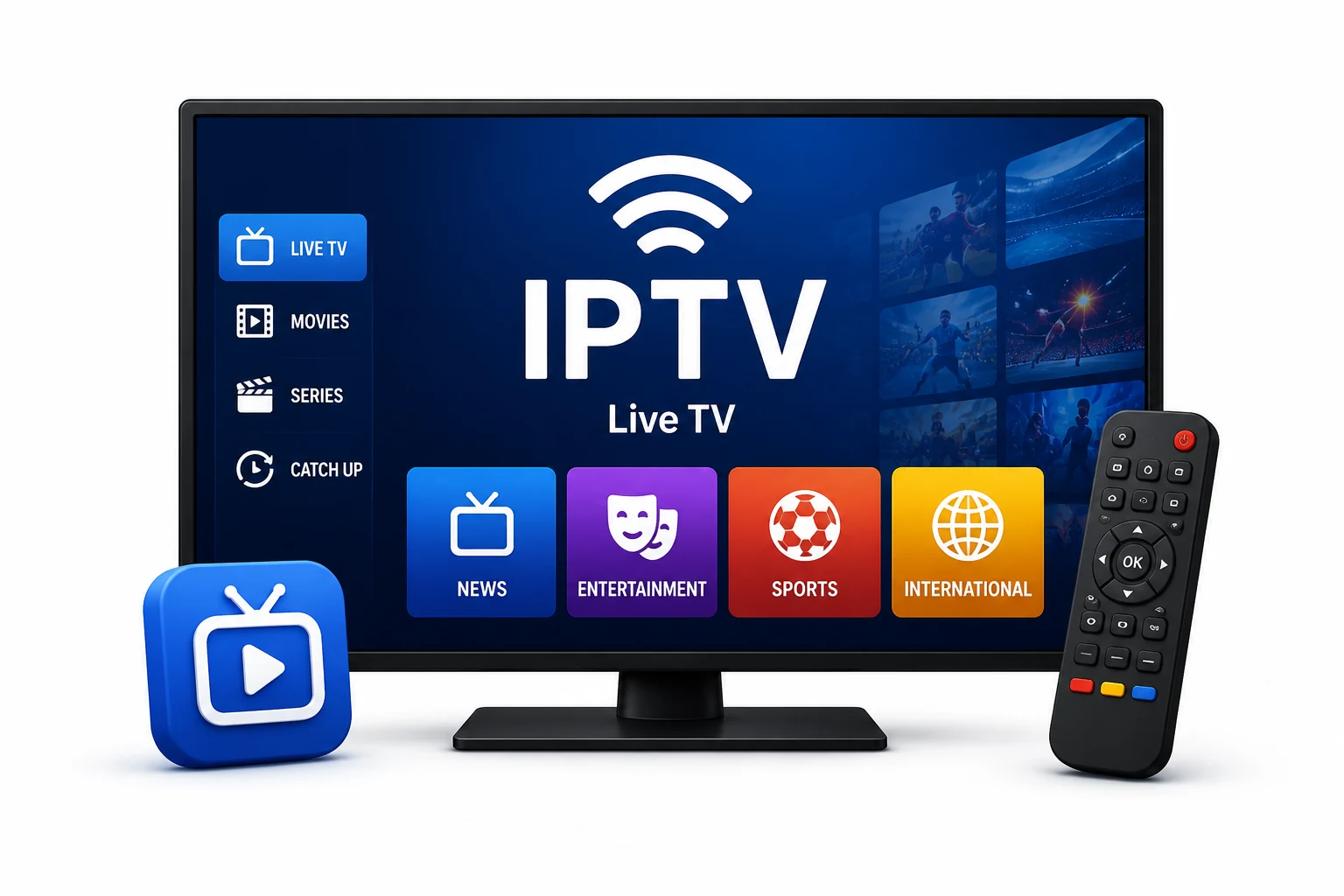 Smart TV showing an IPTV live TV interface with channel tiles, next to a streaming app icon and a remote control